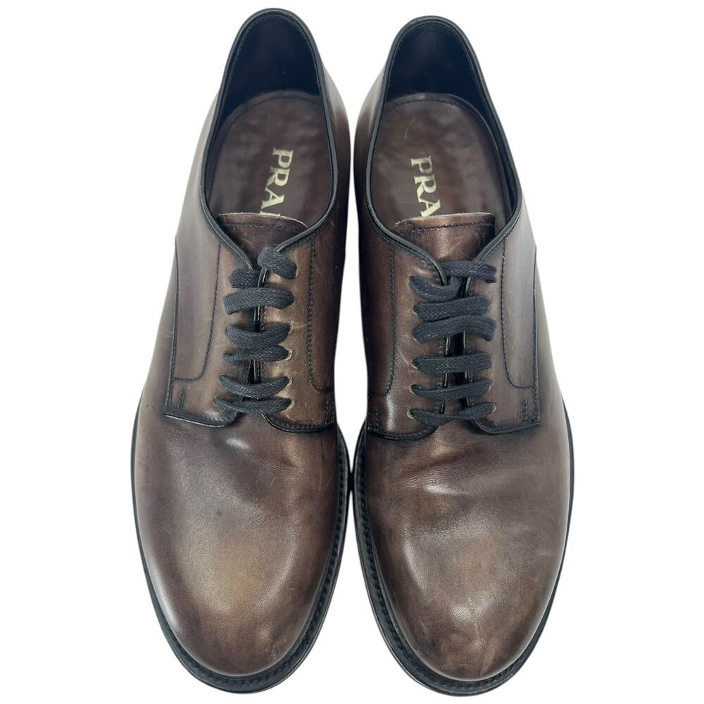 Prada Brown Leather Derby Dress Shoes Made in Italy Lace Up Minimalist Luxury 9 - Picture 2 of 14
